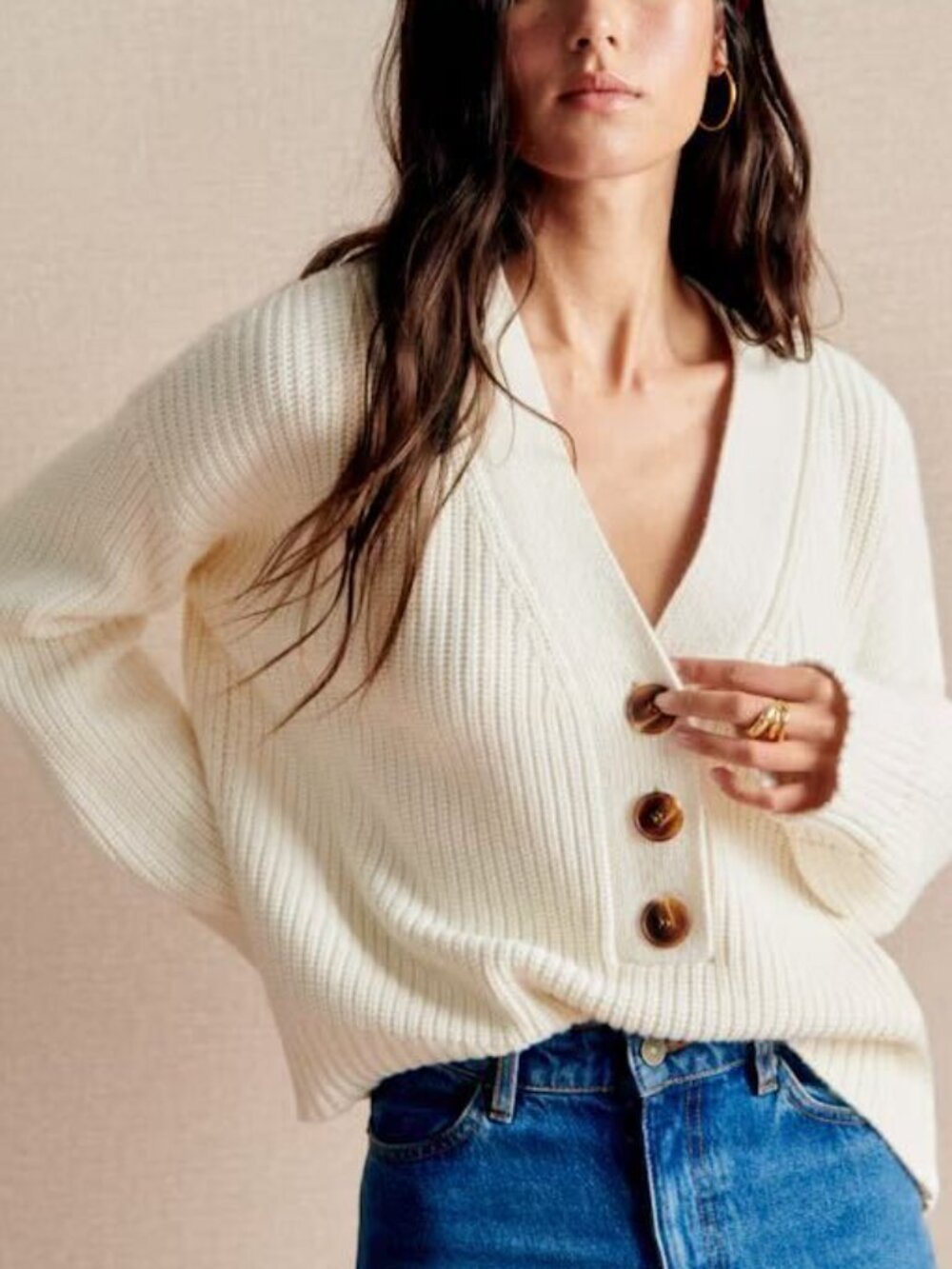 Sezane Sylvain V-Neck Cotton/Wool Blend Sweater In Ecru Women's Size XXS